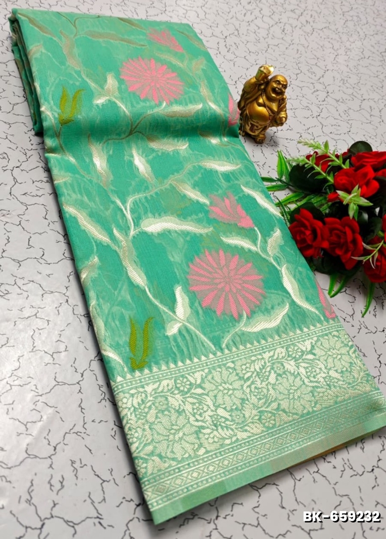 Banaras with our banarasi cotton fabric a beautiful fusion of classic artistry and breathable comfort wear saree - LIGHT SKY BLUE