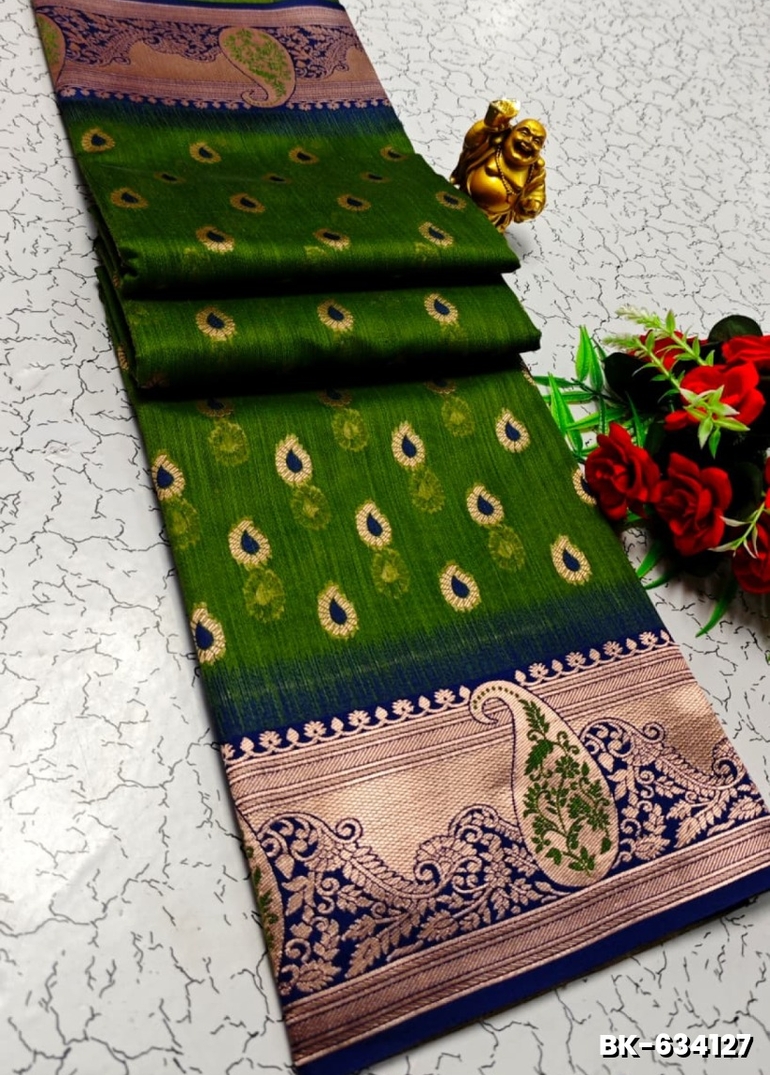 Banaras with our banarasi cotton fabric — a beautiful fusion of classic artistry and breathable comfort wear saree - MEHENDHI GREEN