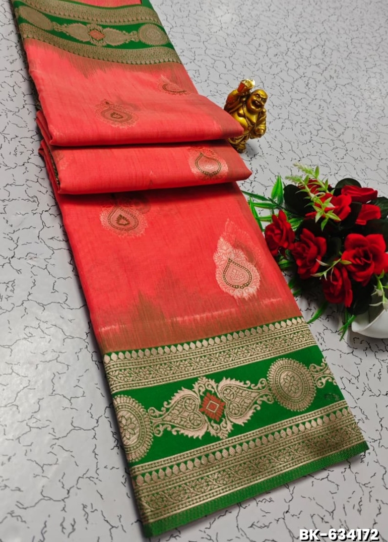 Banaras with our banarasi cotton fabric — a beautiful fusion of classic artistry and breathable comfort wear saree - CORAL COLOUR (2)