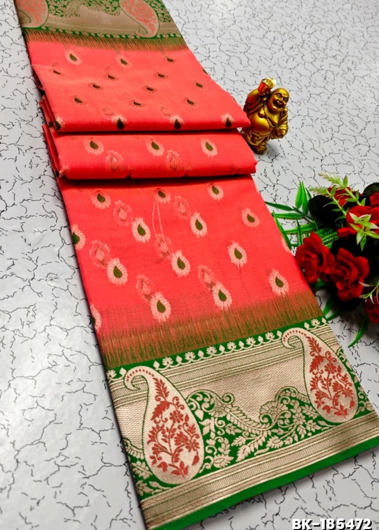 Banarasi with our banarasi cotton fabric — a beautiful fusion of classic artistry and breathable comfort wear saree - CORAL COLOUR