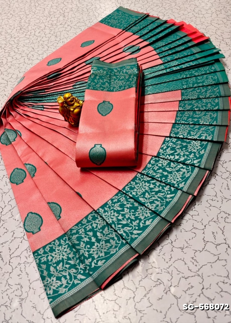 Premium kubera pattu saree rapier fancy  light weight silk type sarees flower design function wear - CORAL COLOUR (2)