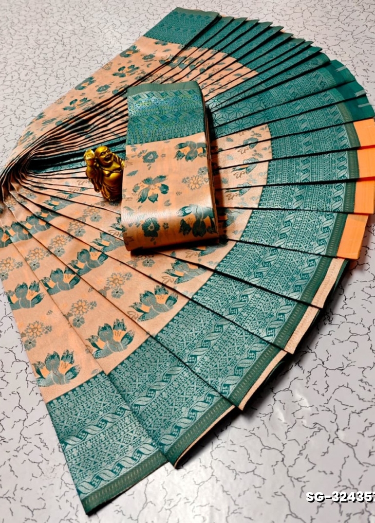 Premium kubera pattu saree rapier fancy  light weight silk type sarees flower design function wear - LIGHT ORANGE