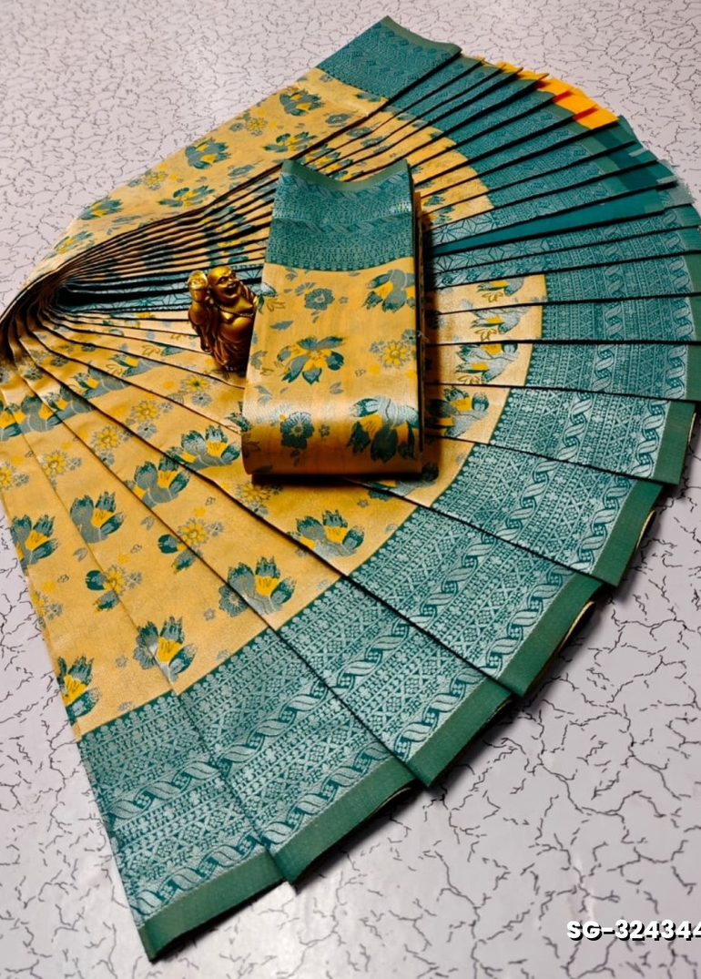 Premium kubera pattu saree rapier fancy  light weight silk type sarees flower design function wear - LIGHT YELLOW