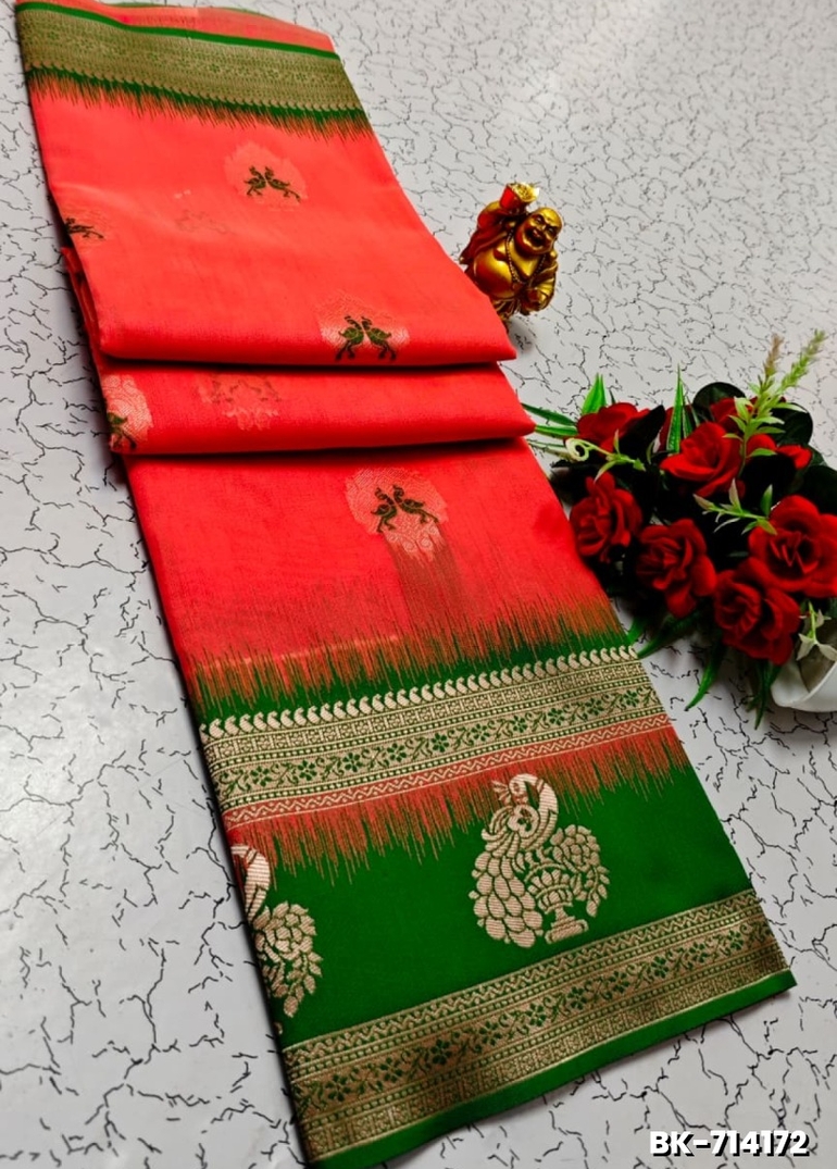 Banarasi with our banarasi cotton fabric — a beautiful fusion of classic artistry and breathable comfort wear saree - CORAL COLOUR (1)