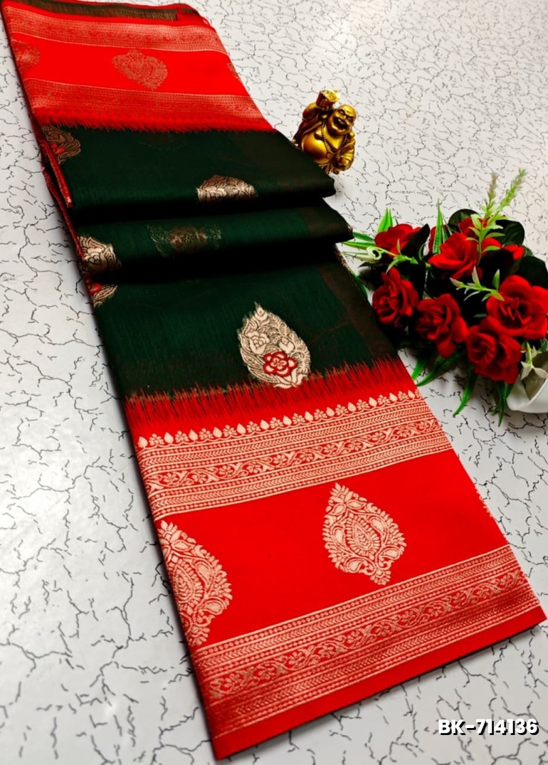 Banarasi with our banarasi cotton fabric — a beautiful fusion of classic artistry and breathable comfort wear saree - BOTTLE GREEN (1)