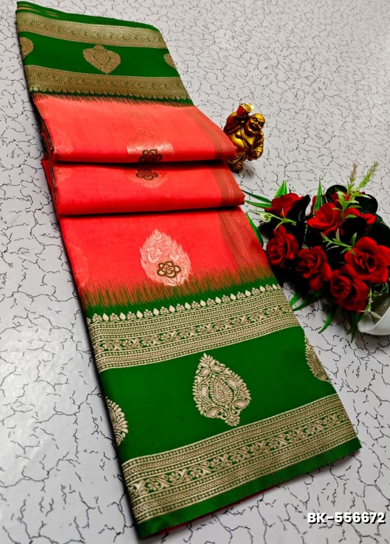 Banarasi with our banarasi cotton fabric — a beautiful fusion of classic artistry and breathable comfort wear saree - CORAL COLOUR (2)