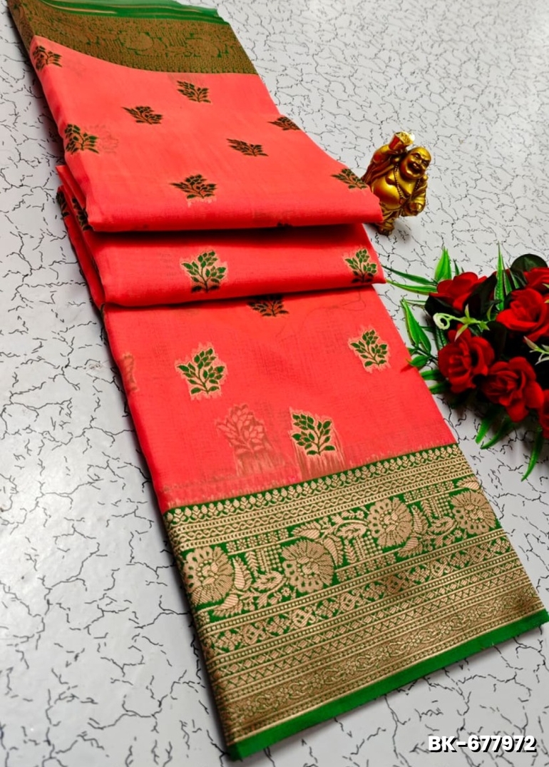 Banarasi with our banarasi cotton fabric — a beautiful fusion of classic artistry and breathable comfort wear saree - CORAL COLOUR (3)