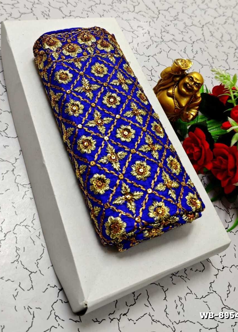 Luxurious heavy work blouse fabric with floral goldwork jaal border - ROYAL BLUE