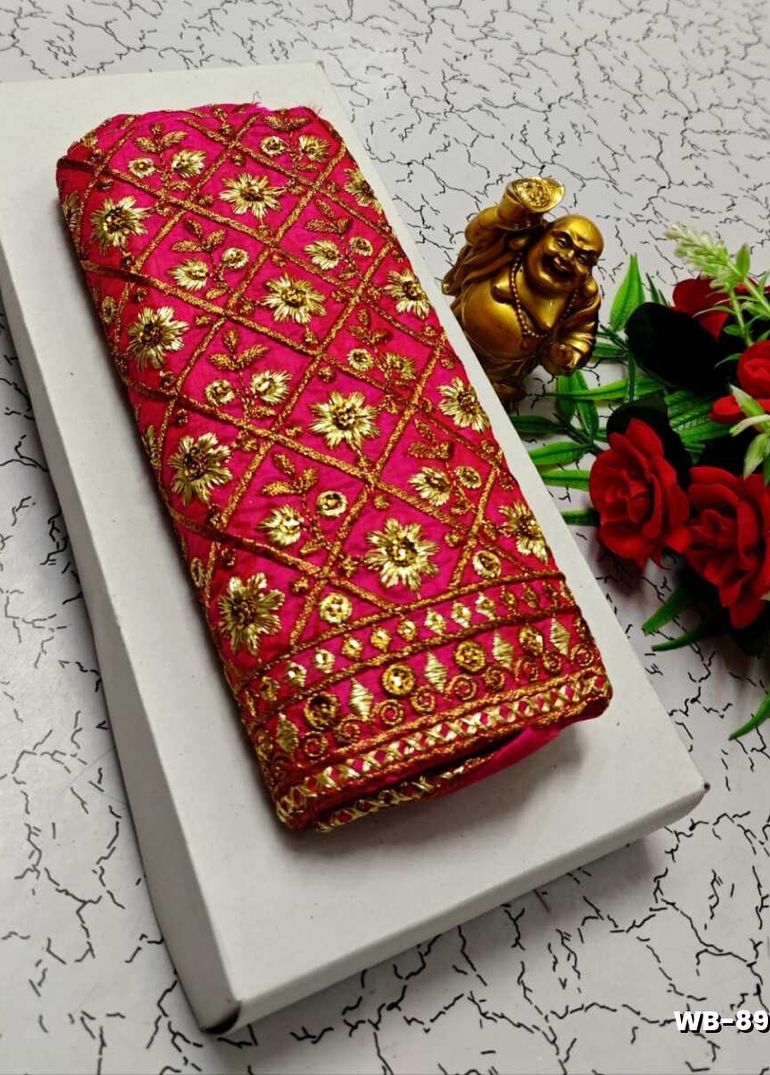 Luxurious heavy work blouse fabric with floral goldwork jaal border - DARK PINK