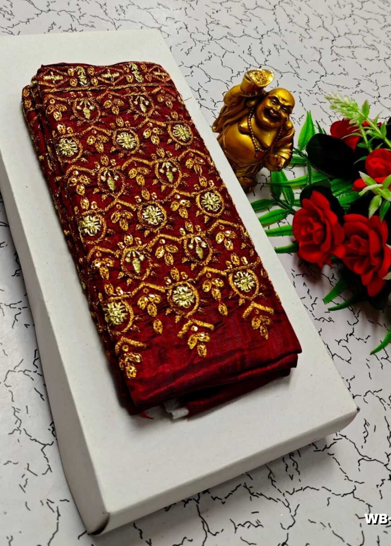 Luxurious heavy work blouse fabric with floral goldwork jaal border - MERUN