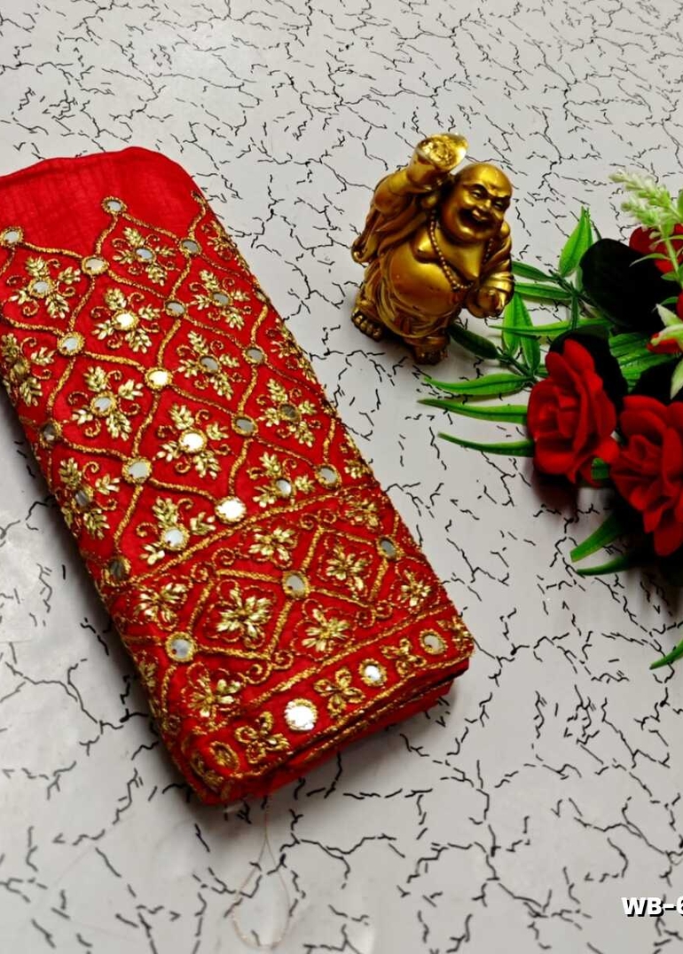 Luxurious heavy work blouse fabric with floral goldwork jaal border - RED (1)