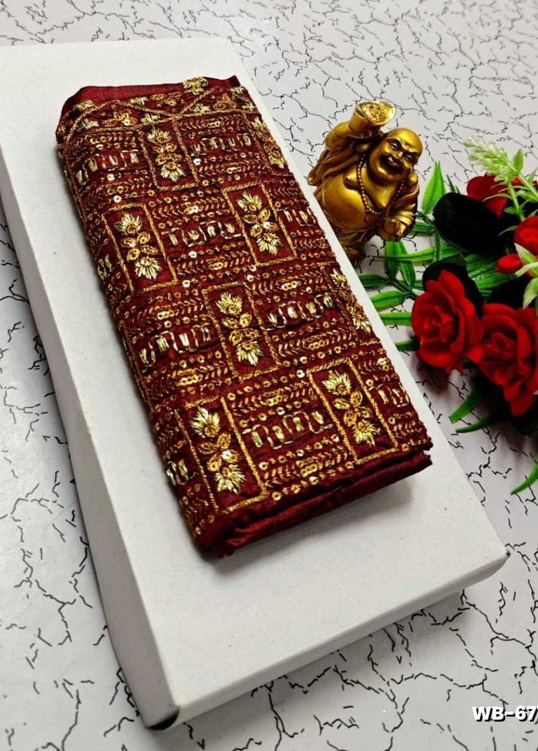 Luxurious heavy work blouse fabric with floral goldwork jaal border - MERUN (1)