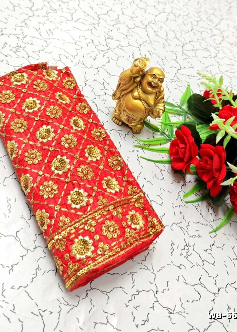 Luxurious heavy work blouse fabric with floral goldwork jaal border - RED (2)