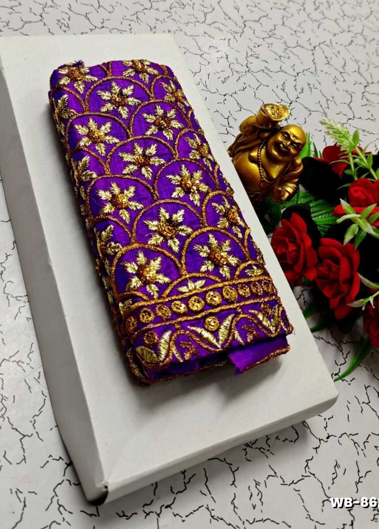 Luxurious heavy work blouse fabric with floral goldwork jaal border - PURPLE COLOUR