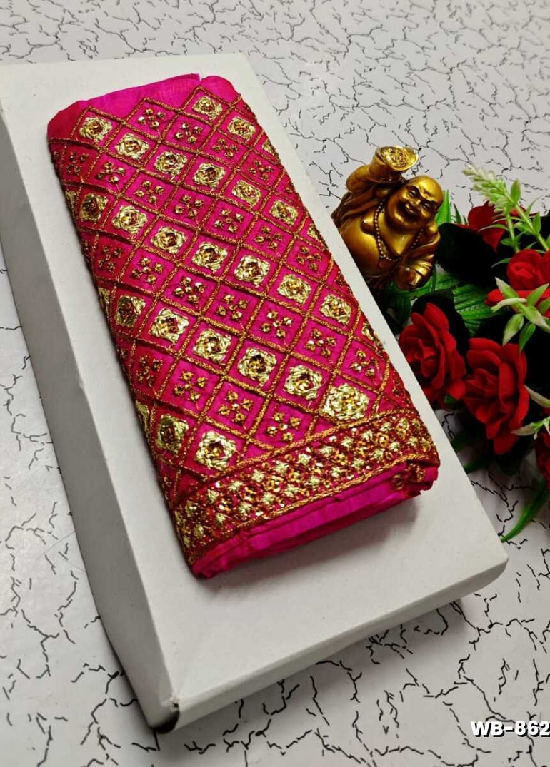 Luxurious heavy work blouse fabric with floral goldwork jaal border - DARK PINK (3)