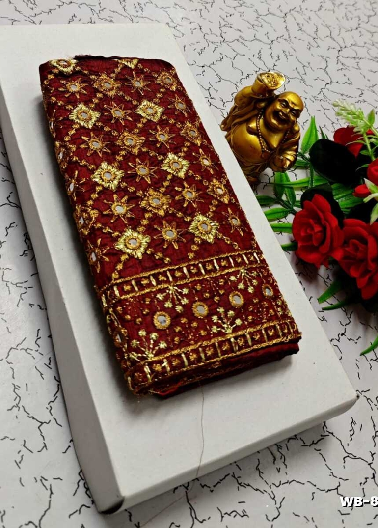 Luxurious heavy work blouse fabric with floral goldwork jaal border - MERUN (3)