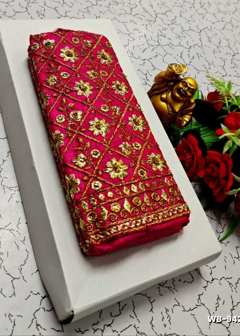 Luxurious heavy work blouse fabric with floral goldwork jaal border - DARK PINK (4)