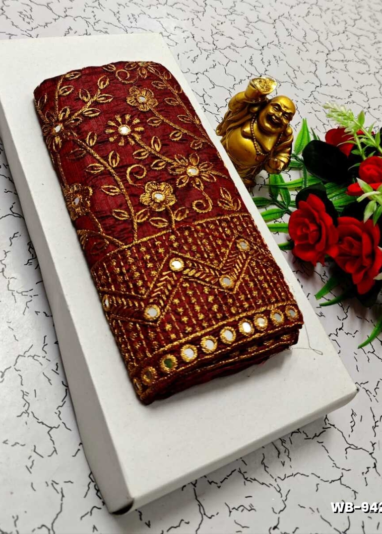 Luxurious heavy work blouse fabric with floral goldwork jaal border - MERUN (4)