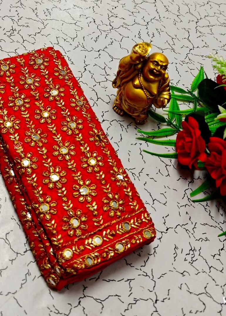 Luxurious heavy work blouse fabric with floral goldwork jaal border - RED (4)