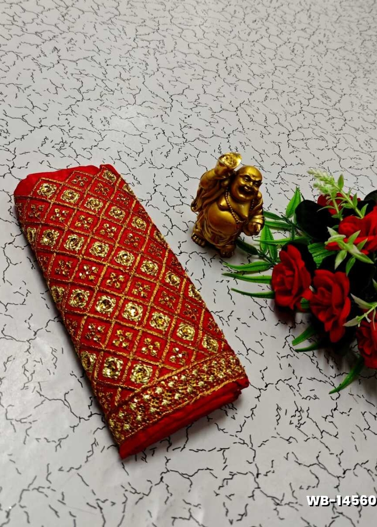 Luxurious heavy work blouse fabric with floral goldwork jaal border - RED (7)