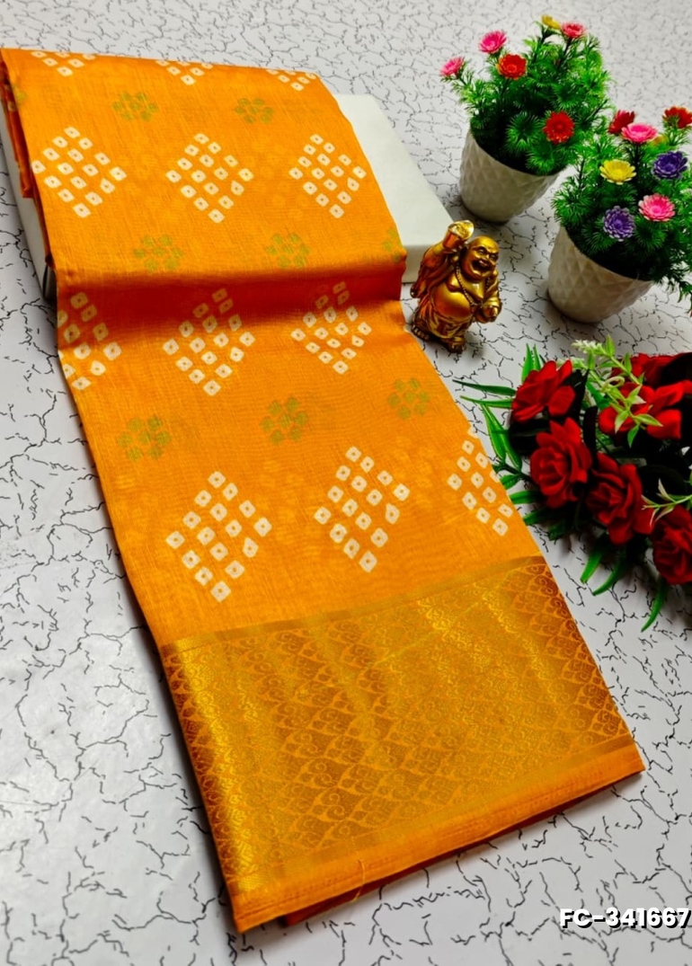 Fancy print office wear cotton sarees all over body flower design pattern design premium look lightweight comfortable wear - GOLD COLOUR