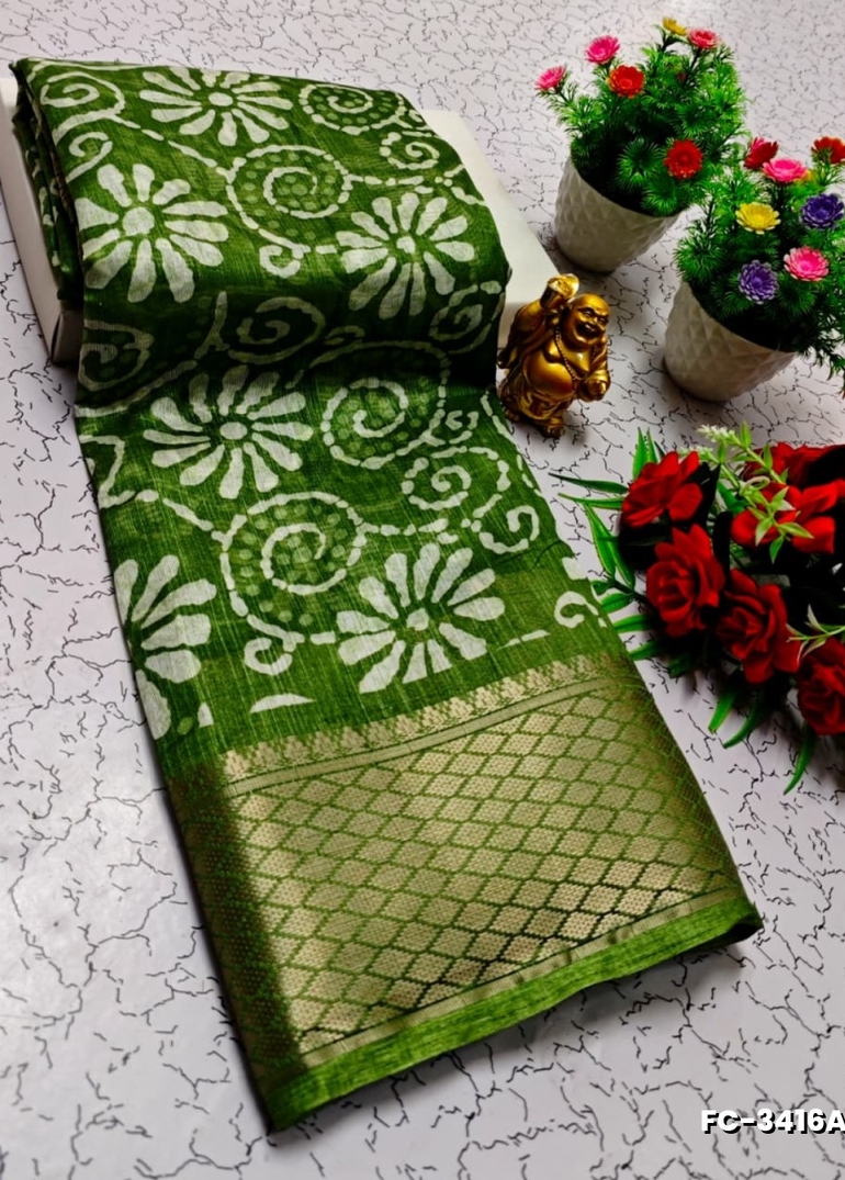 Fancy print office wear cotton sarees all over body flower design pattern design premium look lightweight comfortable wear - LITE GREEN (1)