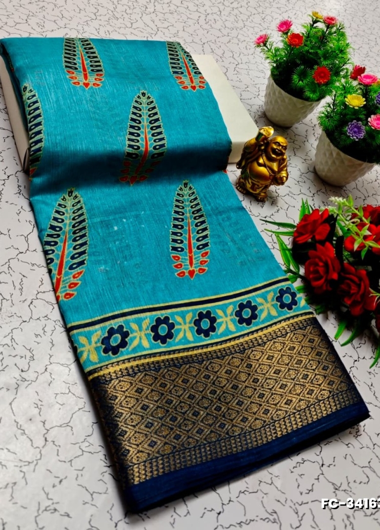 Fancy print office wear cotton sarees all over body flower design pattern design premium look lightweight comfortable wear - DARK SKY BLUE