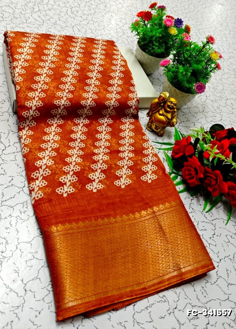 Fancy print office wear cotton sarees all over body flower design pattern design premium look lightweight comfortable wear - LIGHT ORANGE (2)