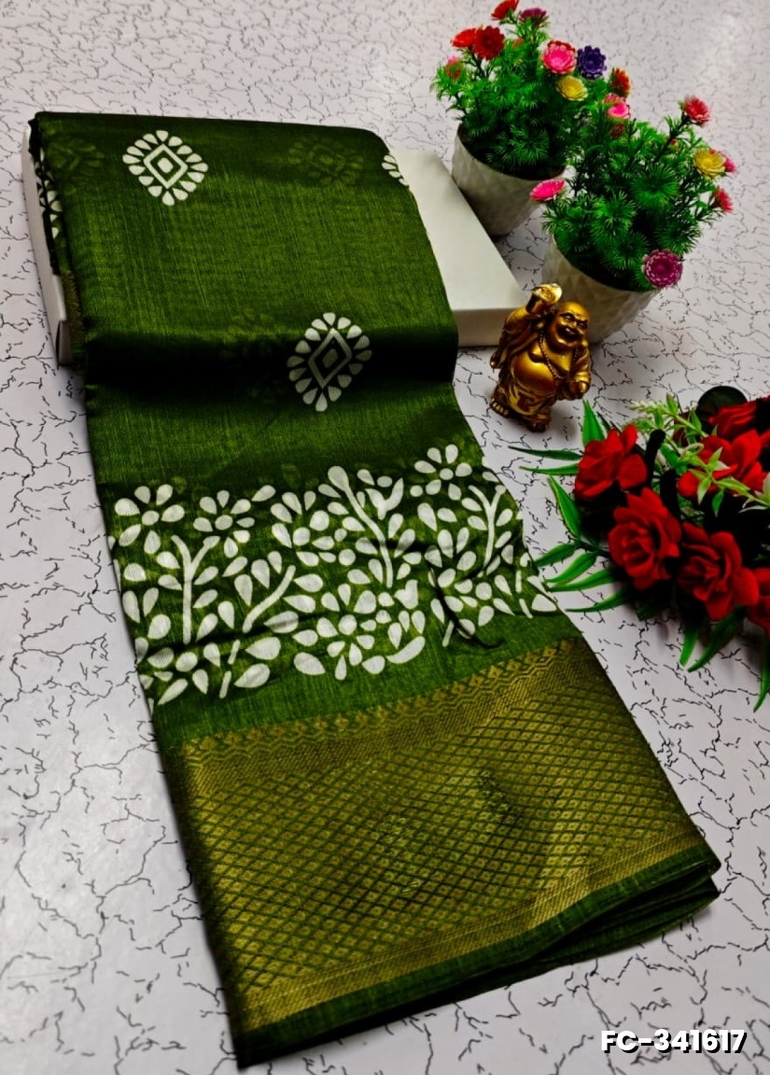 Fancy print office wear cotton sarees all over body flower design pattern design premium look lightweight comfortable wear - OLIVE GREEN