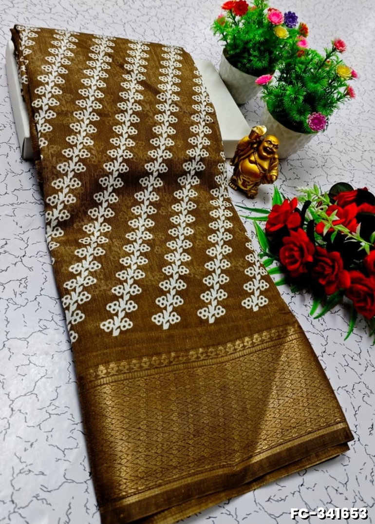 Fancy print office wear cotton sarees all over body flower design pattern design premium look lightweight comfortable wear - BROWN