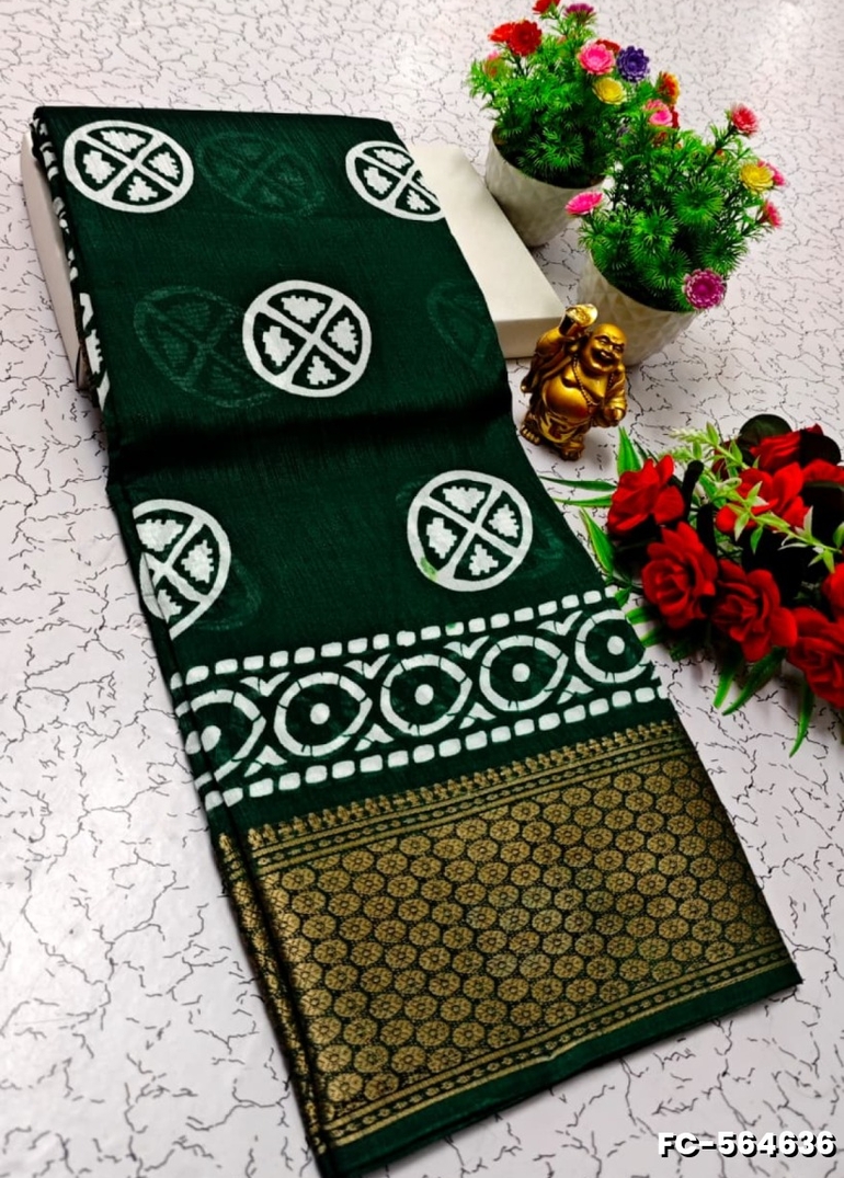 Fancy print office wear cotton sarees all over body flower design pattern design premium look lightweight comfortable wear - BOTTLE GREEN (2)