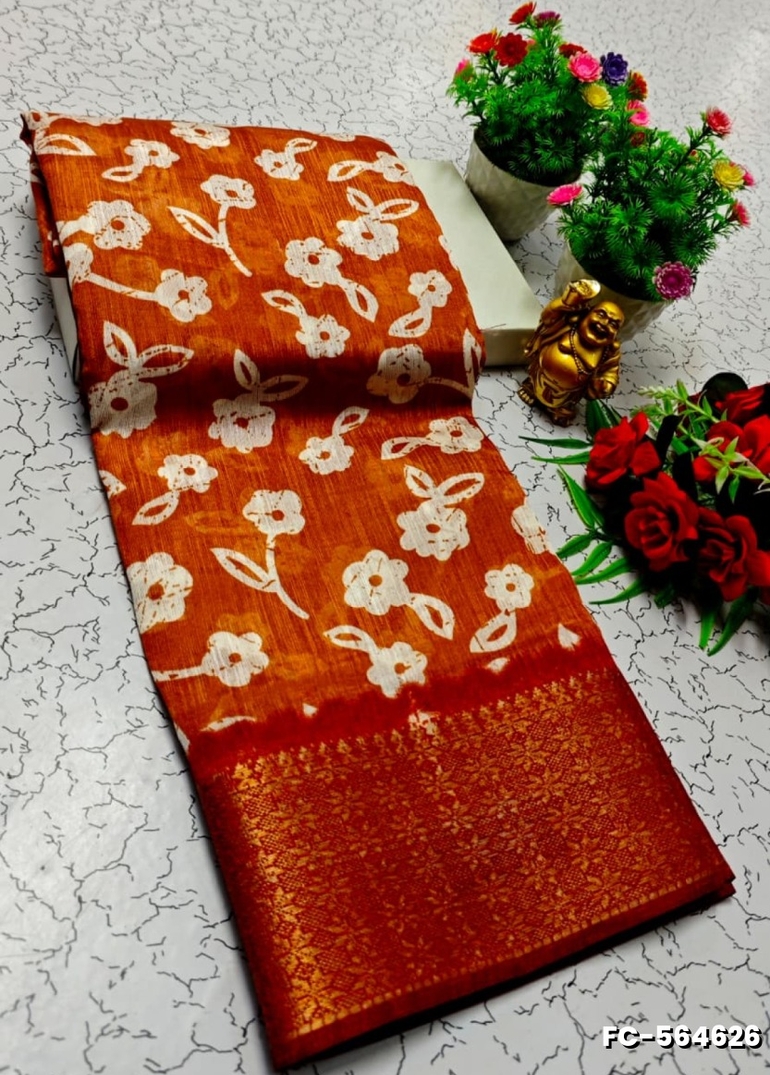 Fancy print office wear cotton sarees all over body flower design pattern design premium look lightweight comfortable wear - ORANGE N (2)