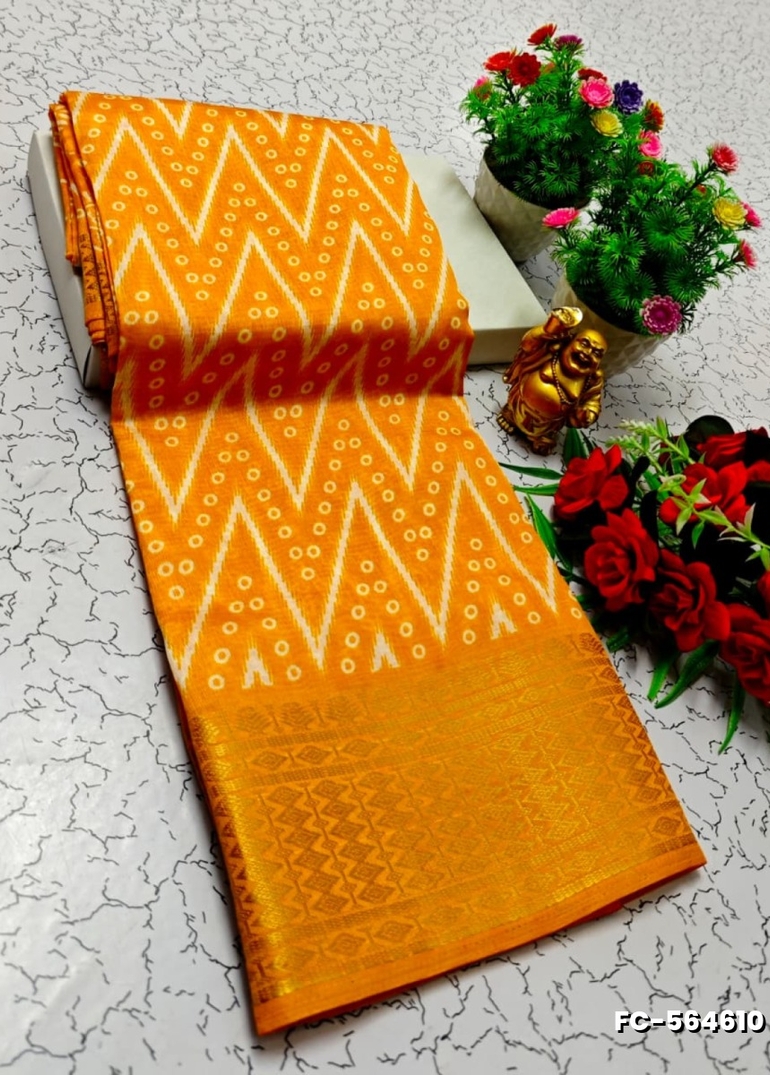 Fancy print office wear cotton sarees all over body flower design pattern design premium look lightweight comfortable wear - YELLOW