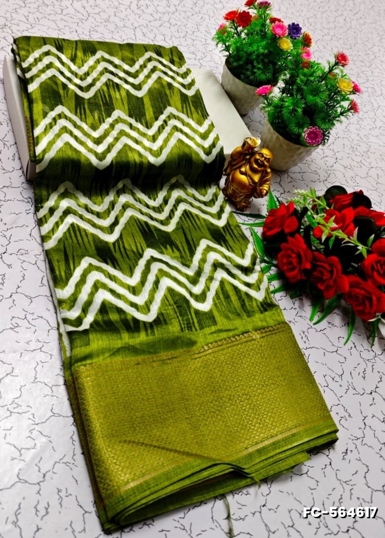 Fancy print office wear cotton sarees all over body flower design pattern design premium look lightweight comfortable wear - OLIVE GREEN (1)