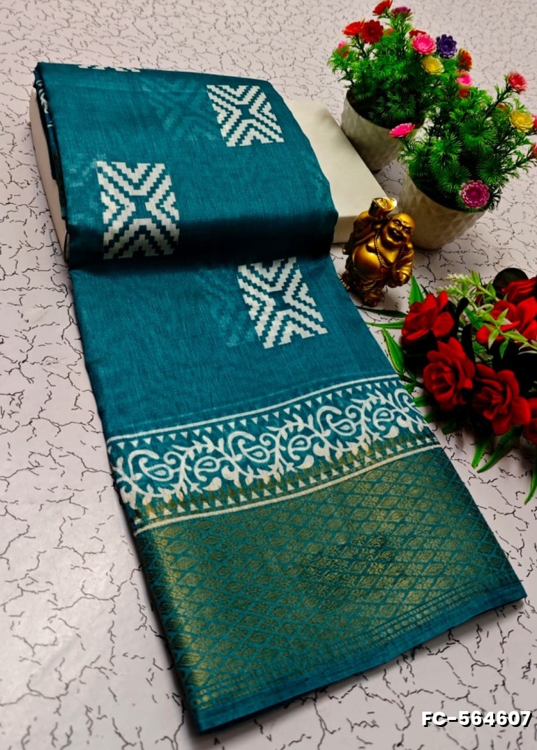 Fancy print office wear cotton sarees all over body flower design pattern design premium look lightweight comfortable wear - TEAL COLOUR (3)