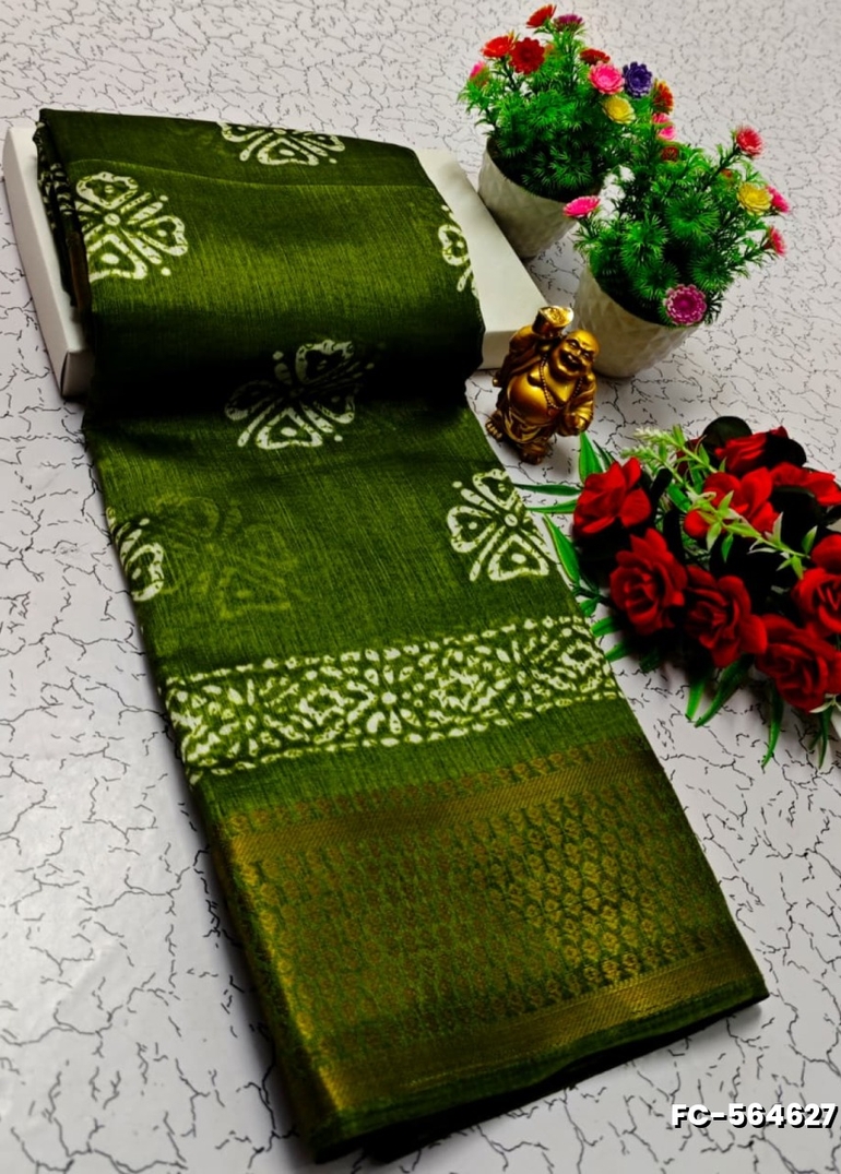 Fancy print office wear cotton sarees all over body flower design pattern design premium look lightweight comfortable wear - MEHENDHI GREEN