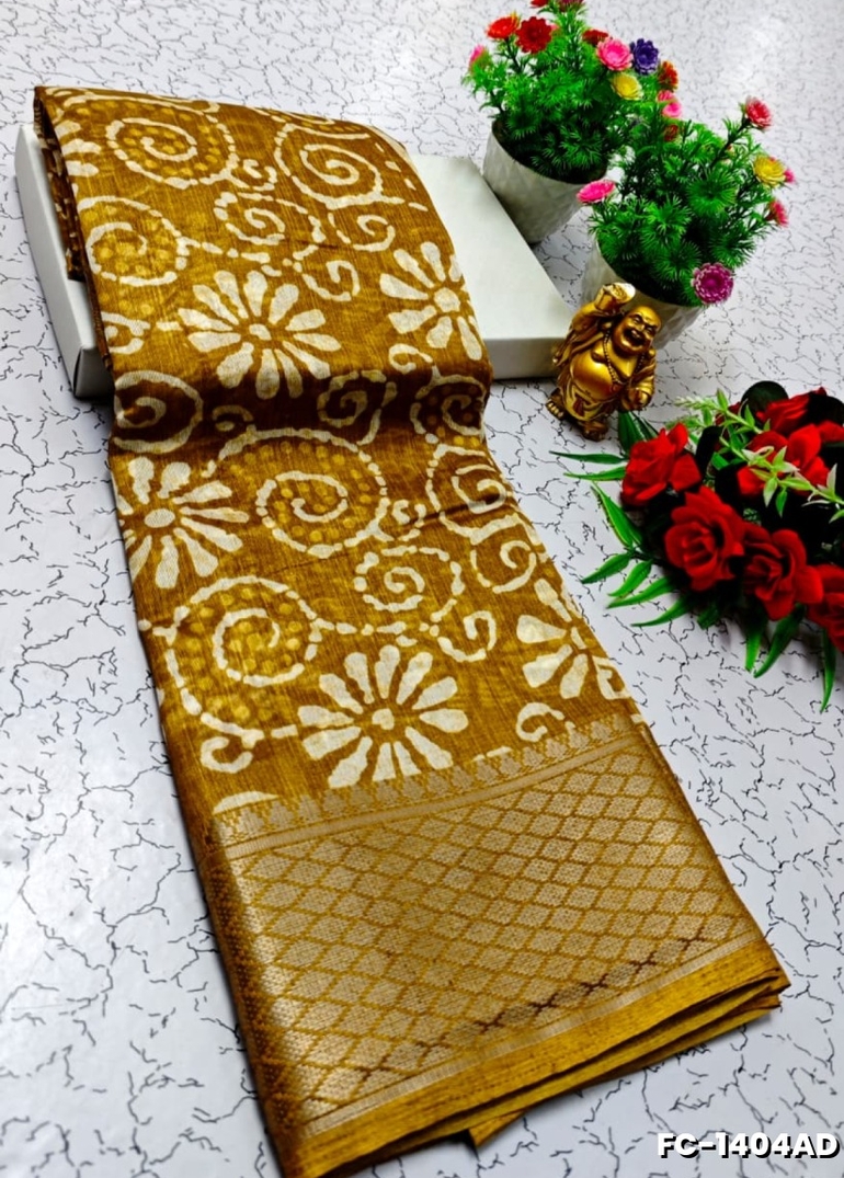 Fancy print office wear cotton sarees all over body flower design pattern design premium look lightweight comfortable wear - DARK GOLD