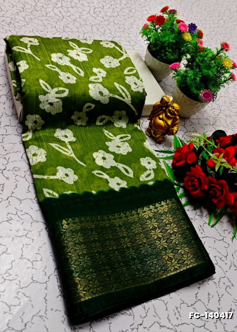 Fancy print office wear cotton sarees all over body flower design pattern design premium look lightweight comfortable wear - OLIVE GREEN (2)