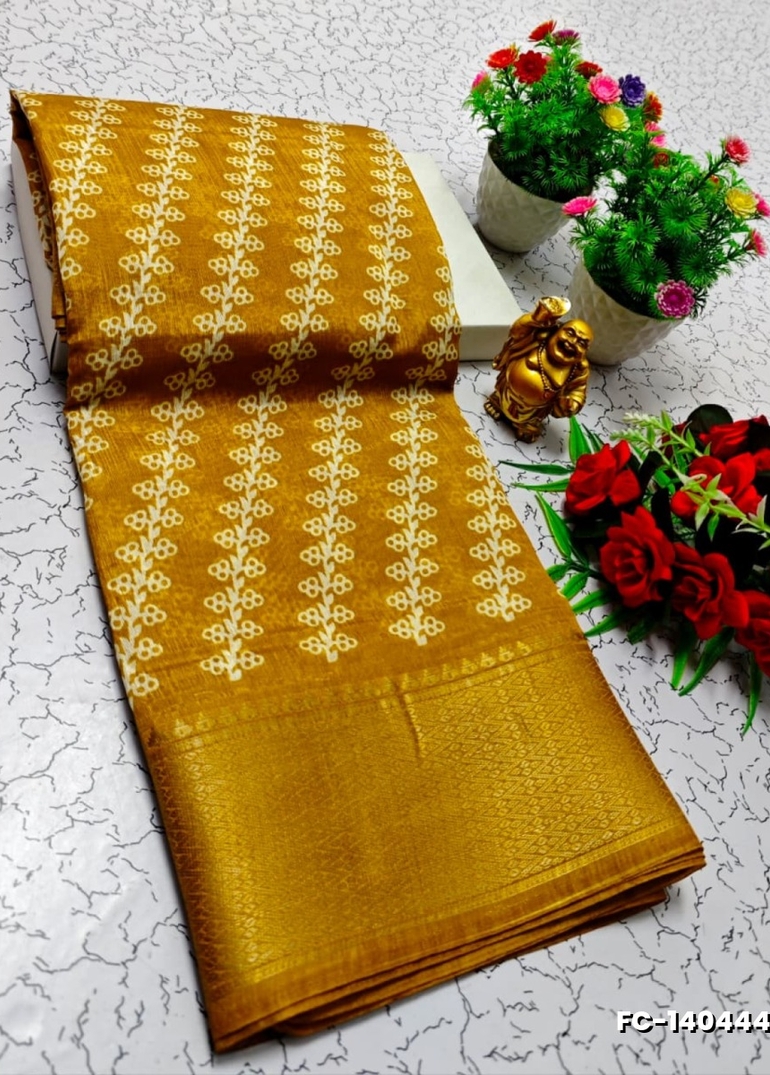 Fancy print office wear cotton sarees all over body flower design pattern design premium look lightweight comfortable wear - LIGHT YELLOW (3)
