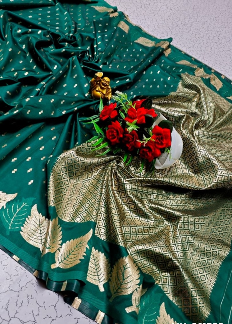 Premium Quality Mulberry Soft Silk Saree with All-Over Zari Buttas - DARK GREEN