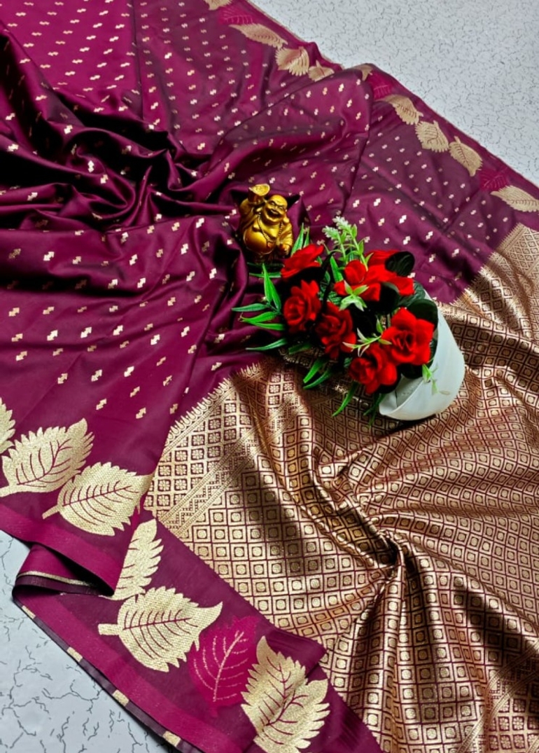 Premium Quality Mulberry Soft Silk Saree with All-Over Zari Buttas - WINE COLOUR