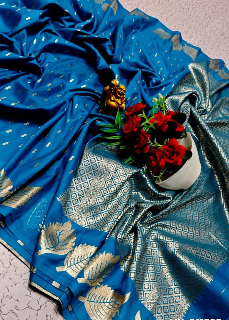Premium Quality Mulberry Soft Silk Saree with All-Over Zari Buttas - BLUE SHADE