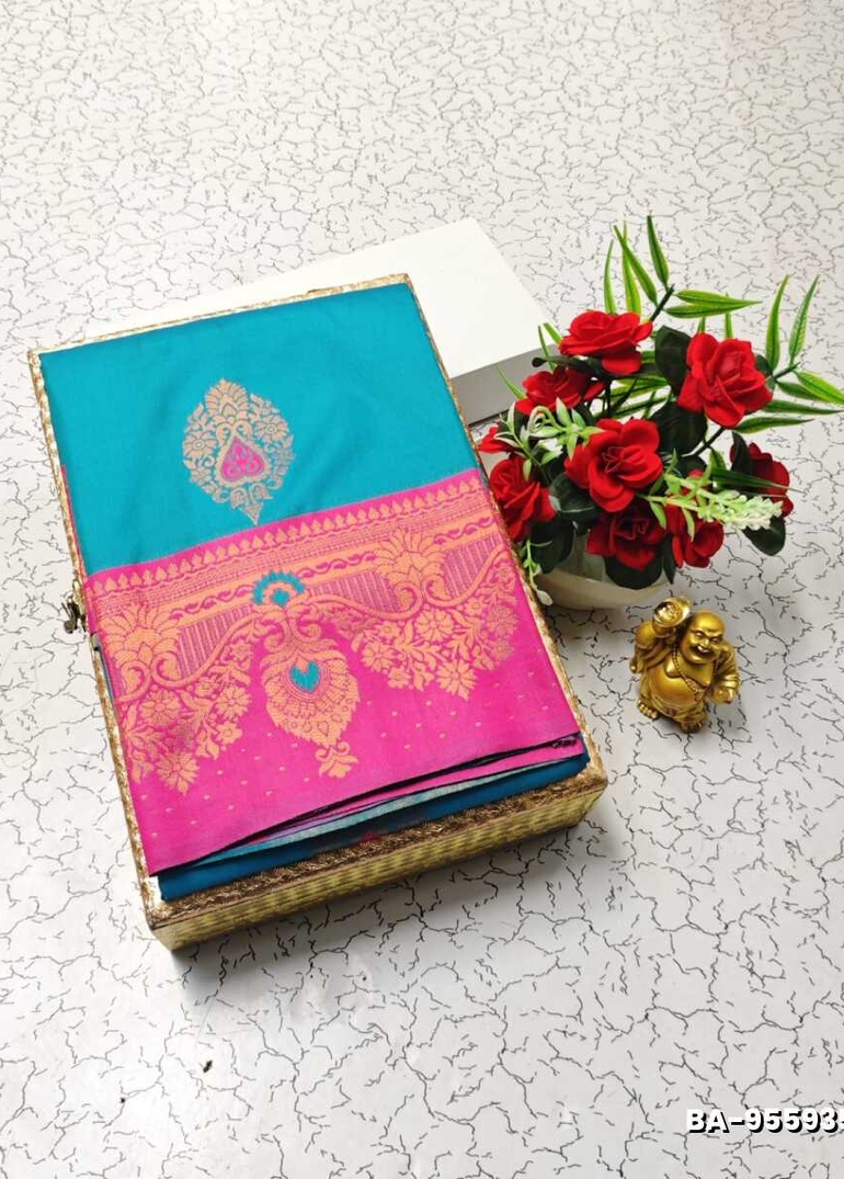 1000 Butta premium Soft Silk Saree weddings, festivals, traditional Wear - DARK SKY BLUE (1)