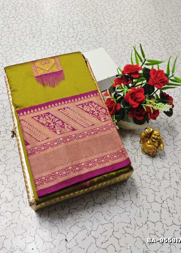 1000 Butta premium Soft Silk Saree weddings, festivals, traditional Wear - OLIVE GREEN (4)