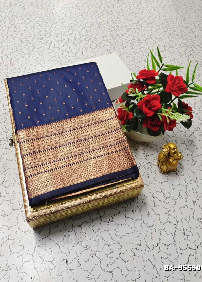1000 Butta premium Soft Silk Saree weddings, festivals, traditional Wear - NAVY COLOUR (2)