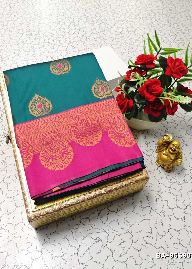 1000 Butta premium Soft Silk Saree weddings, festivals, traditional Wear - TEAL COLOUR