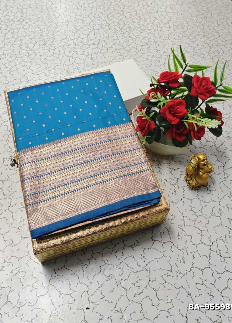 1000 Butta premium Soft Silk Saree weddings, festivals, traditional Wear - BLUE COLOUR (2)