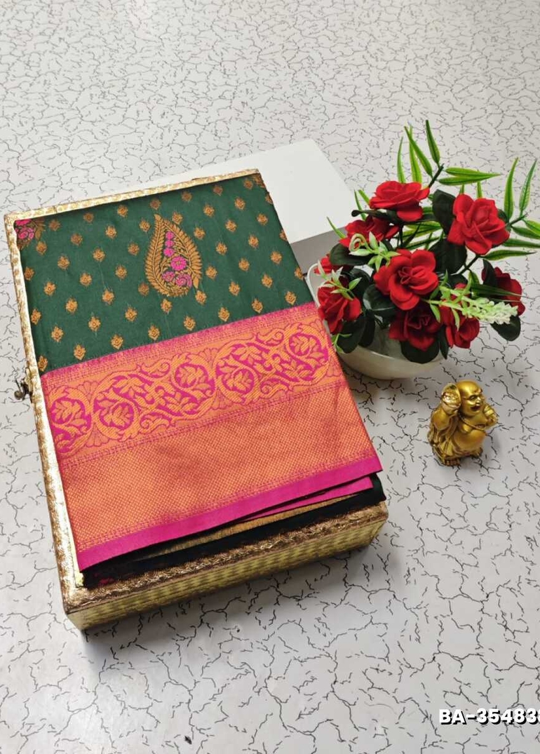 1000 Butta premium Soft Silk Saree weddings, festivals, traditional Wear - DARK GREEN (3)