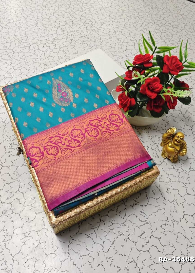 1000 Butta premium Soft Silk Saree weddings, festivals, traditional Wear - BLUE SHADE (2)