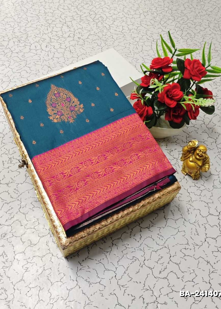 1000 Butta premium Soft Silk Saree weddings, festivals, traditional Wear - TEAL COLOUR (2)